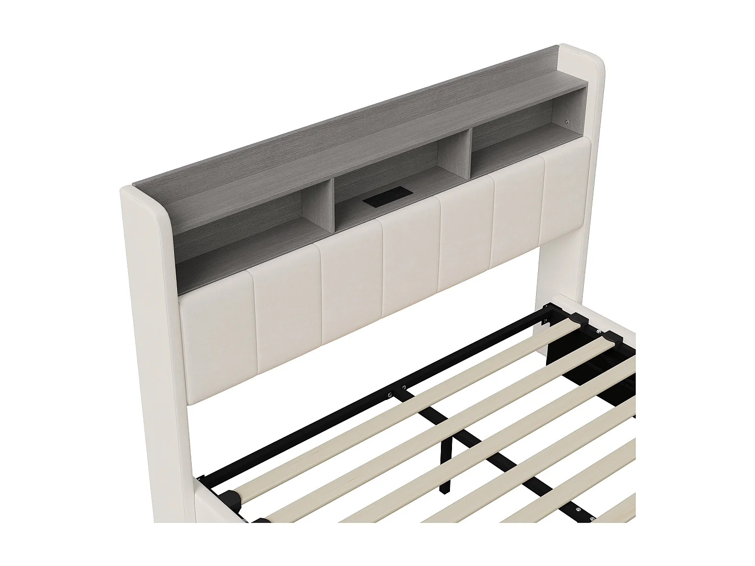 Lit coffre double 160 x 200 cm, tête de lit avec rangements et bande lumineuse LED, chargement USB, velours blanc, sommier à lattes, structure en métal