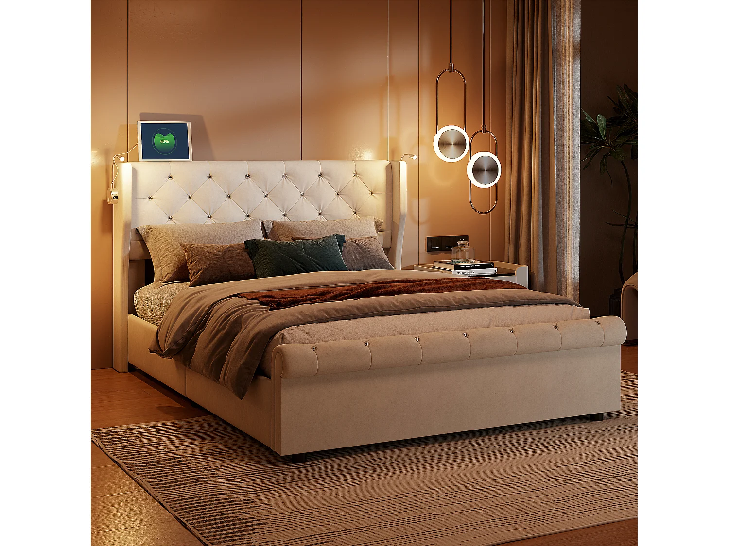 160x200cm opbergbed met hoofdeinde, leeslamp met USB-oplader, lattenbodem, bedframe, eigentijds tweepersoonsbed, Beige