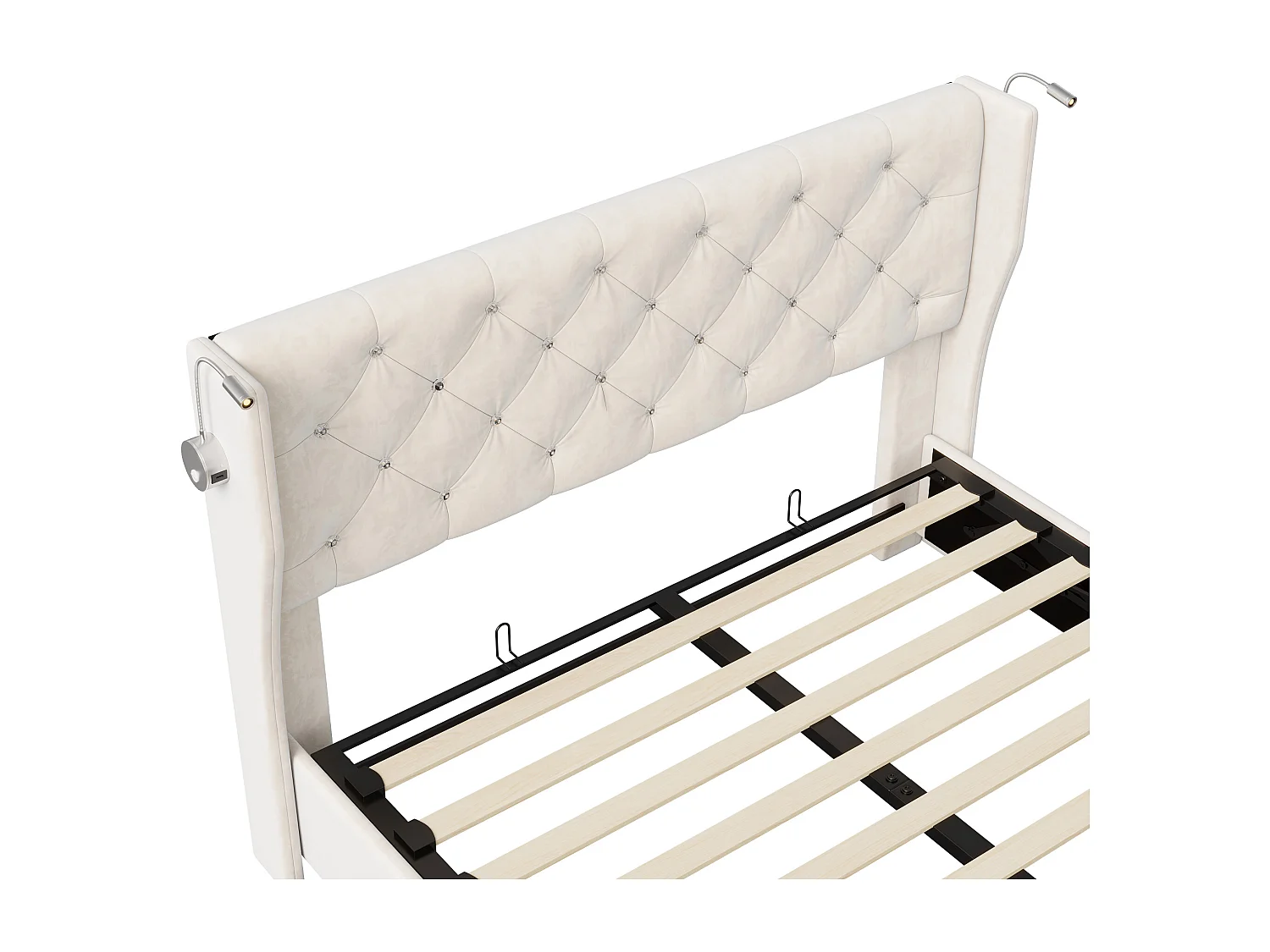 160x200cm opbergbed met hoofdeinde, leeslamp met USB-oplader, lattenbodem, bedframe, eigentijds tweepersoonsbed, Beige