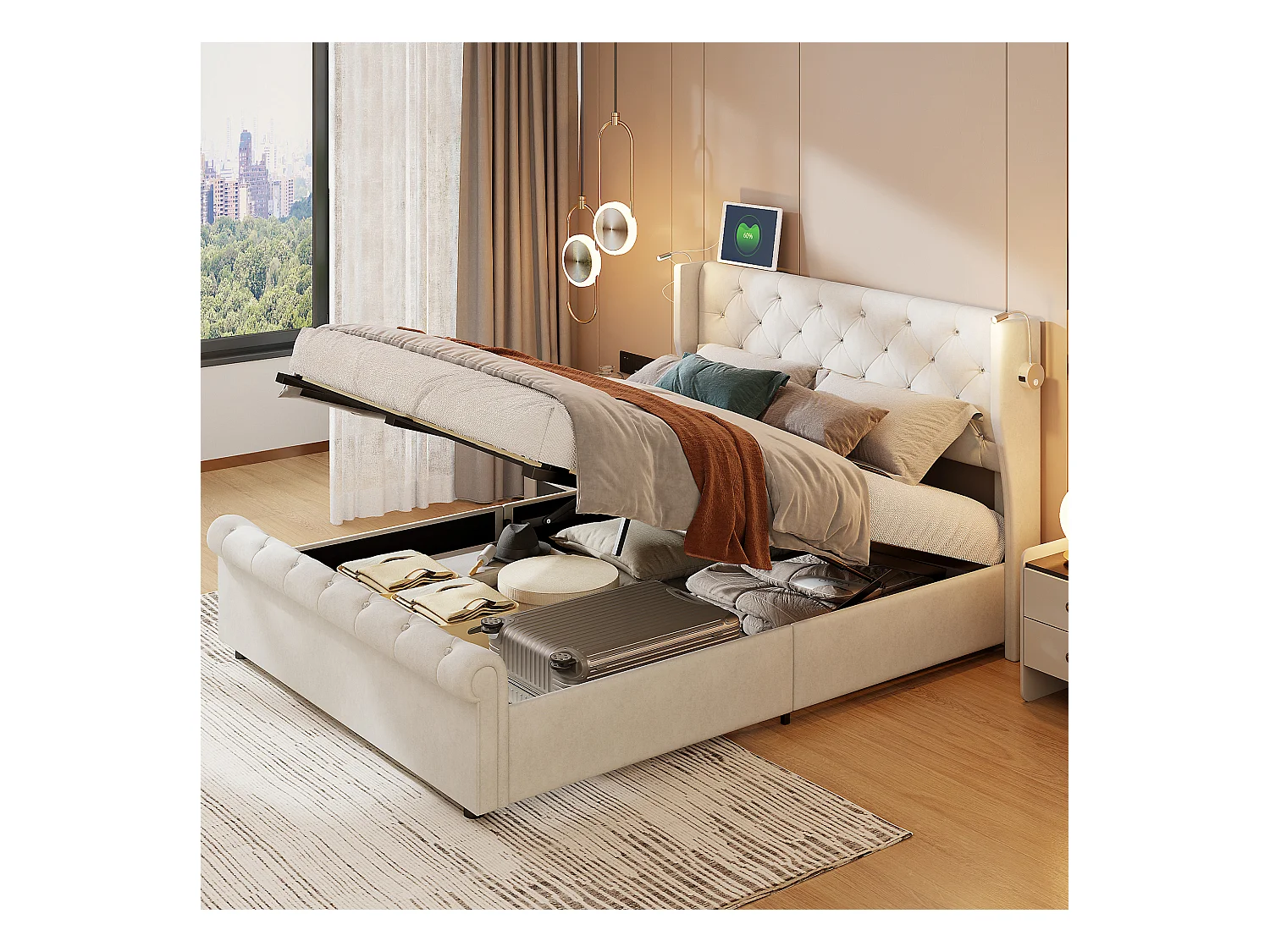 Lit coffre 160x200cm avec rangements, avec tête de lit, liseuse avec chargement USB, sommier à lattes, cadre de lit, lit double style contemporain, Beige
