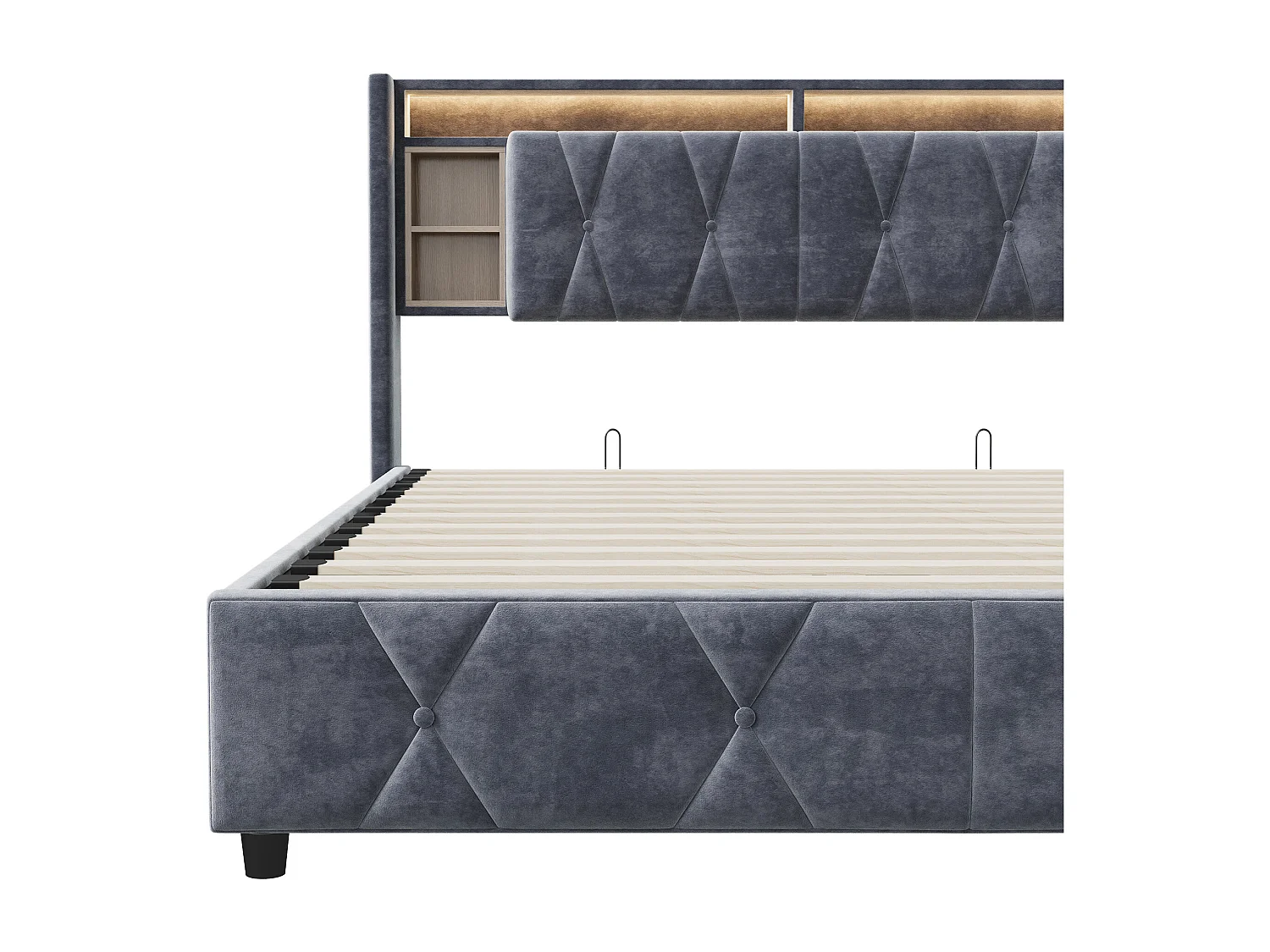 Opbergbed 160x200cm - Tweepersoonsbed met lattenbodem en LED-hoofdbord met USB/Type C-oplaadpoort, in grijze fluwelen stof