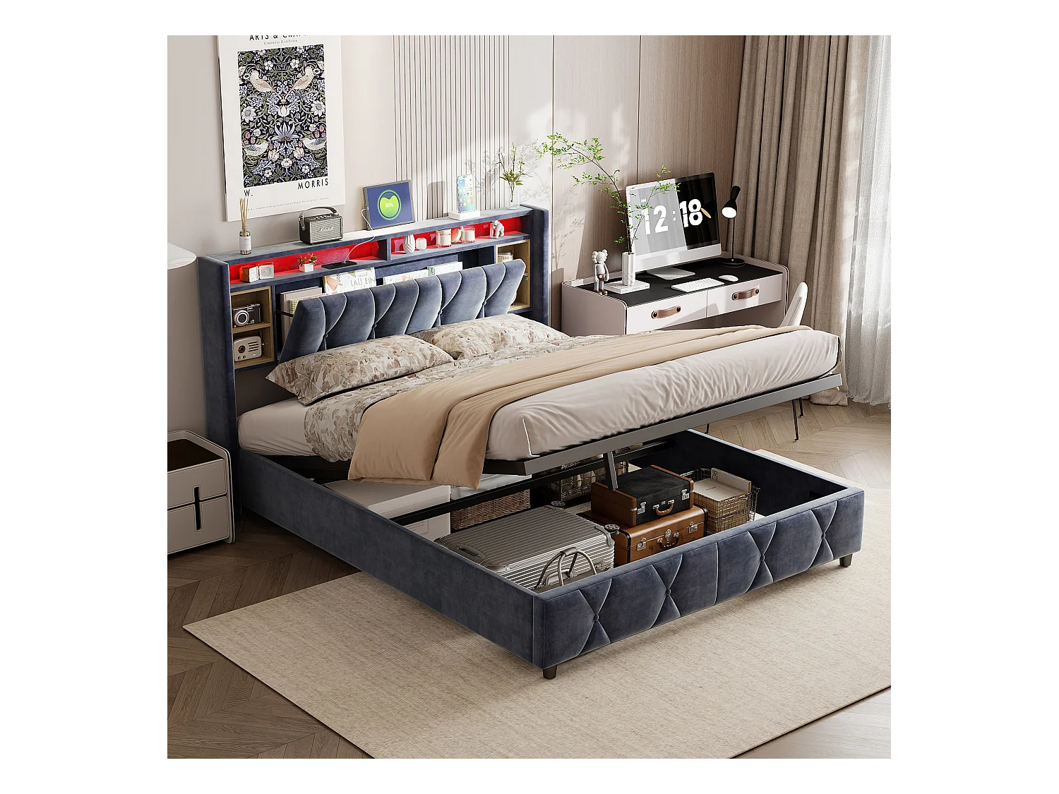 Lit coffre 160x200cm - Lit double avec sommier à lattes et tête de lit LED avec port charge USB/Type C, en tissu velours gris