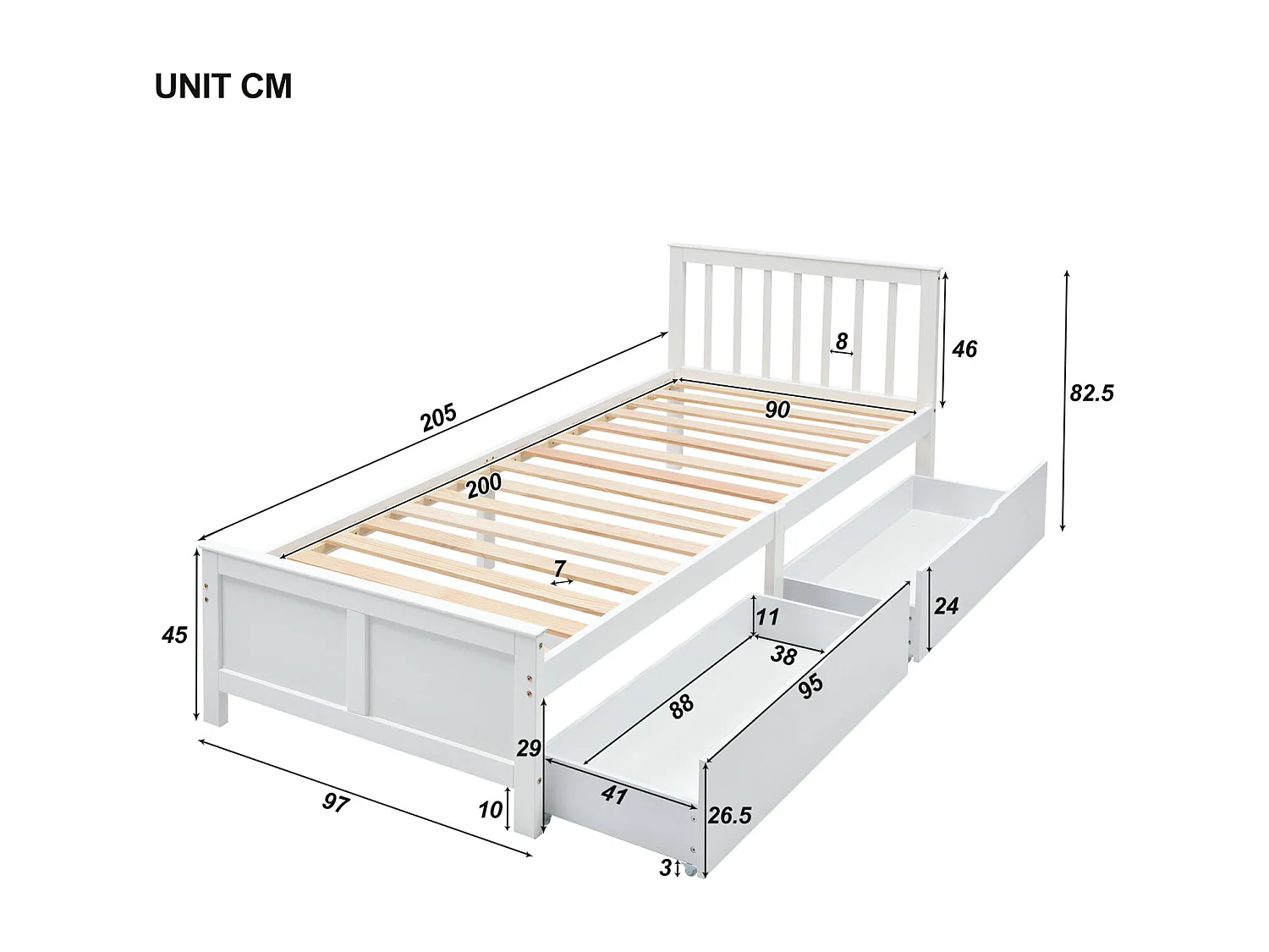 Eenpersoonsbed van hout 90 x 200 cm voor jongeren en volwassenen. met lades. Structuur van dennenhout. Wit