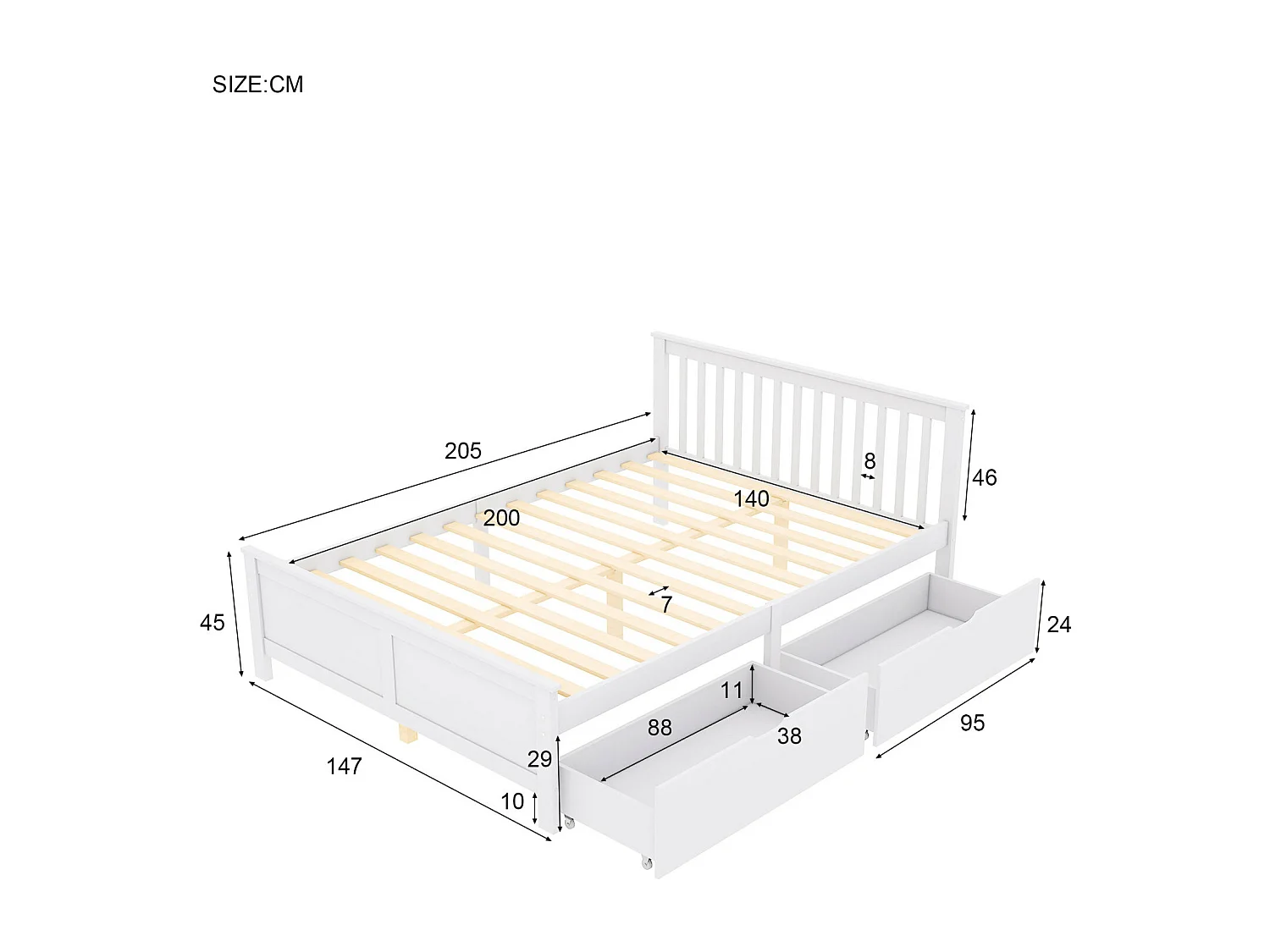 Lit double en bois 140 x 200 cm pour jeune et adulte. avec tiroirs. structure en Pin. Blanc