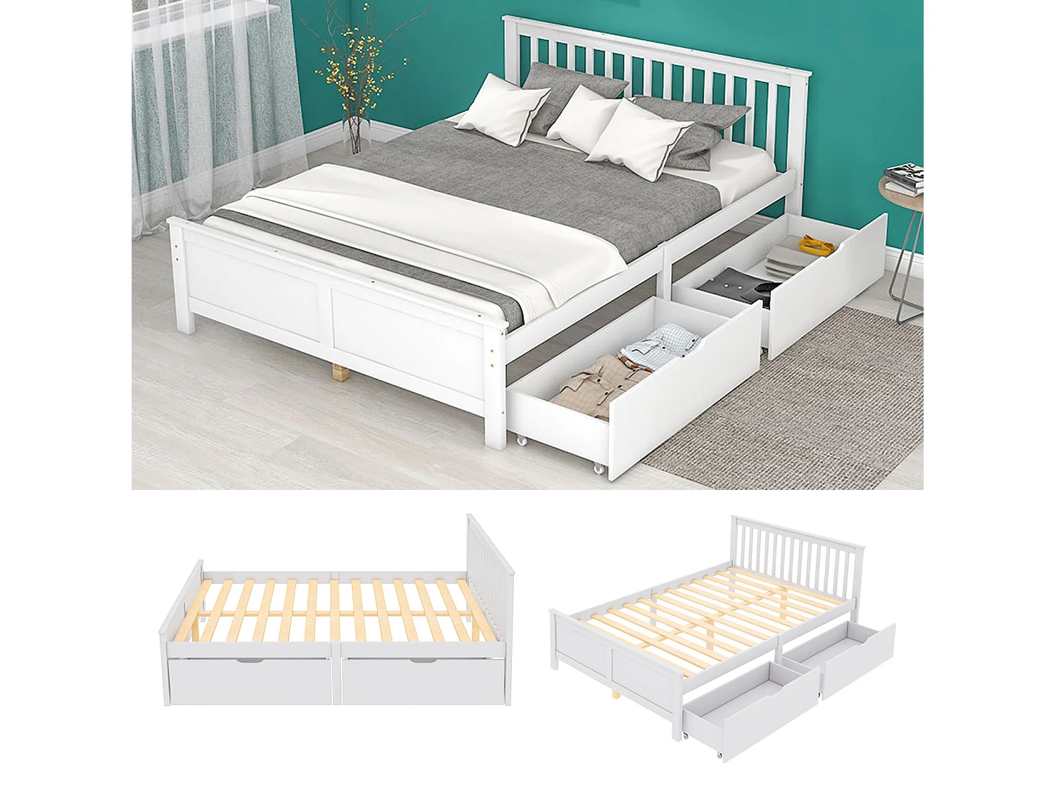 Lit double en bois 140 x 200 cm pour jeune et adulte. avec tiroirs. structure en Pin. Blanc