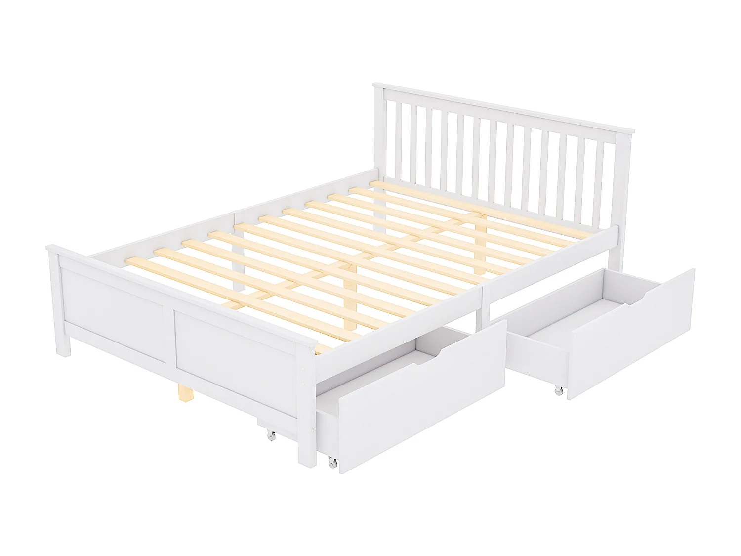 Lit double en bois 140 x 200 cm pour jeune et adulte. avec tiroirs. structure en Pin. Blanc