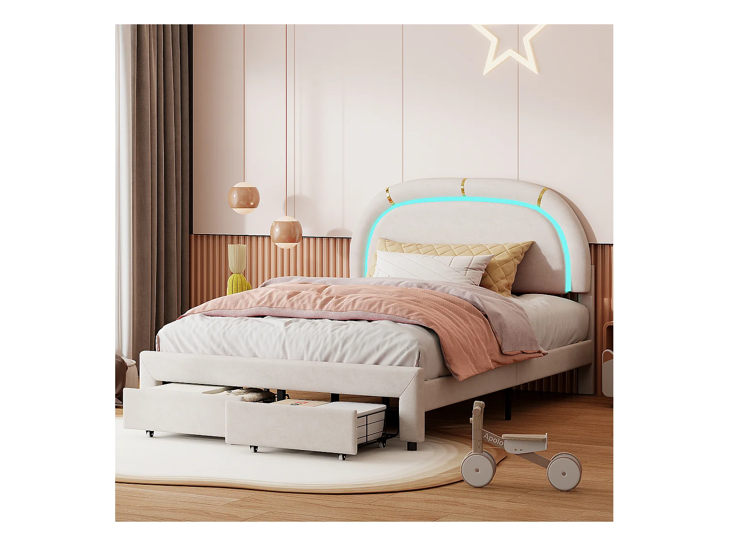 Tweepersoonsbed 140x200cm - bedframe met 2 lades, lattenbodem en LED-hoofdbord - in beige flanelstof