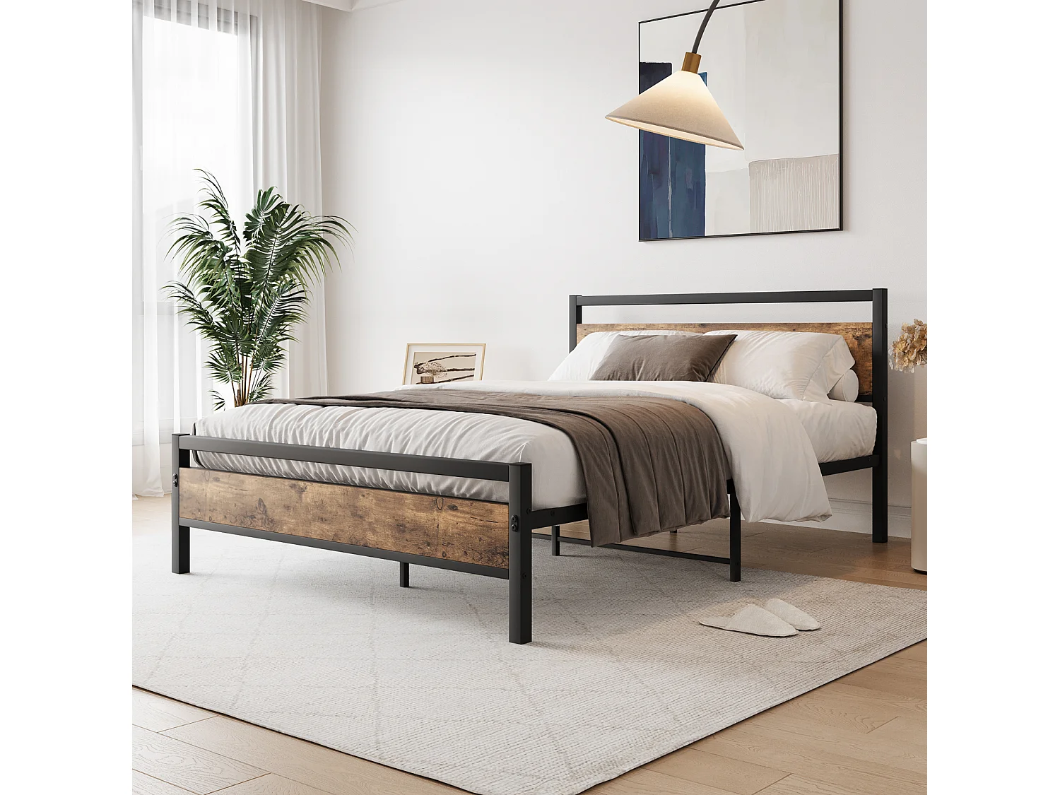 Cadre de lit Double en Acier avec sommier et tête de lit Compatible Matelas 200 x 120 cm Aspect Bois foncé