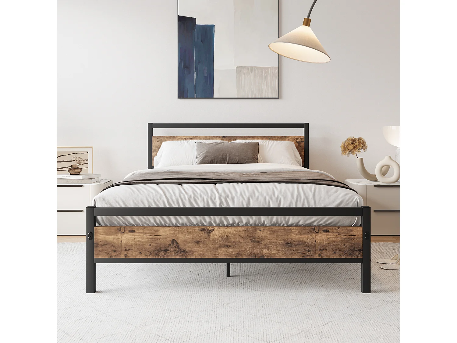 Cadre de lit Double en Acier avec sommier et tête de lit Compatible Matelas 200 x 120 cm Aspect Bois foncé