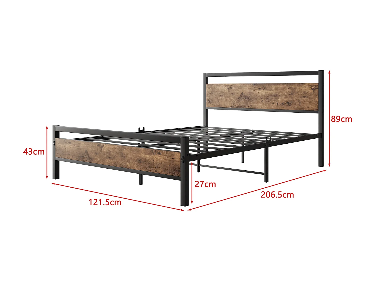 Cadre de lit Double en Acier avec sommier et tête de lit Compatible Matelas 200 x 120 cm Aspect Bois foncé