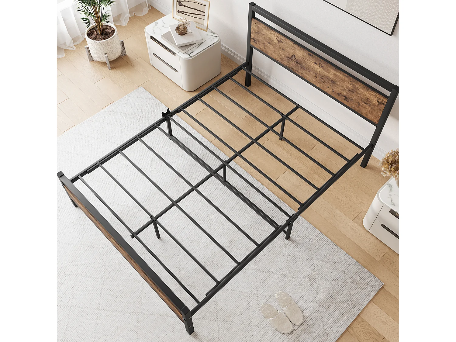 Cadre de lit Double en Acier avec sommier et tête de lit Compatible Matelas 200 x 120 cm Aspect Bois foncé