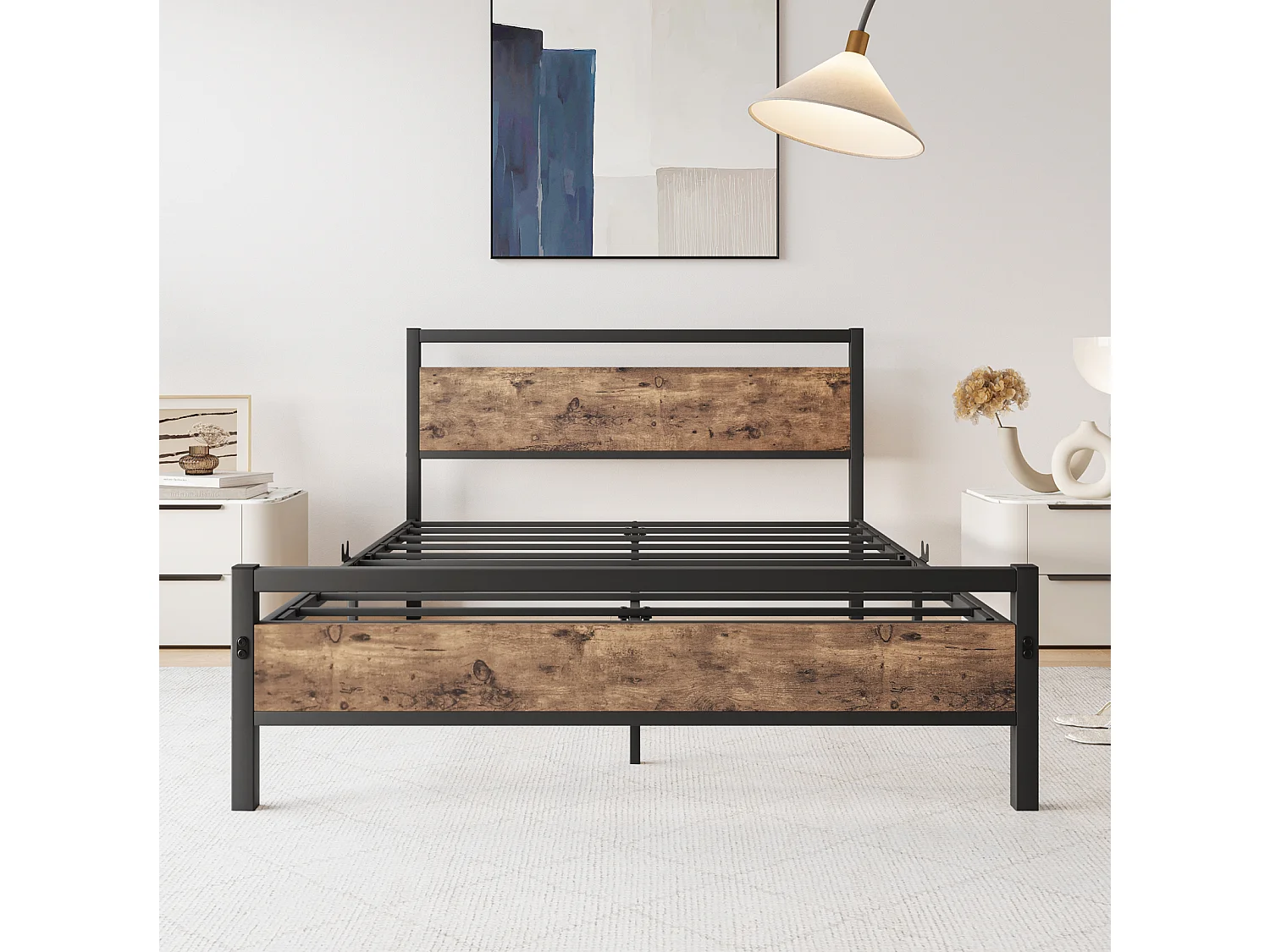Cadre de lit Double en Acier avec sommier et tête de lit Compatible Matelas 200 x 120 cm Aspect Bois foncé