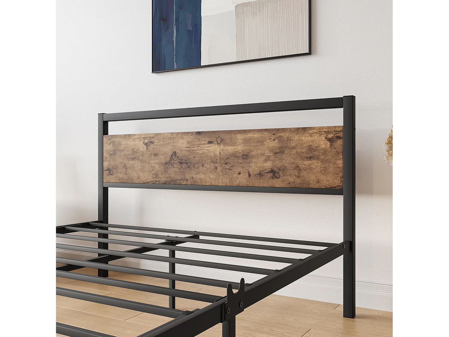 Cadre de lit Double en Acier avec sommier et tête de lit Compatible Matelas 200 x 120 cm Aspect Bois foncé