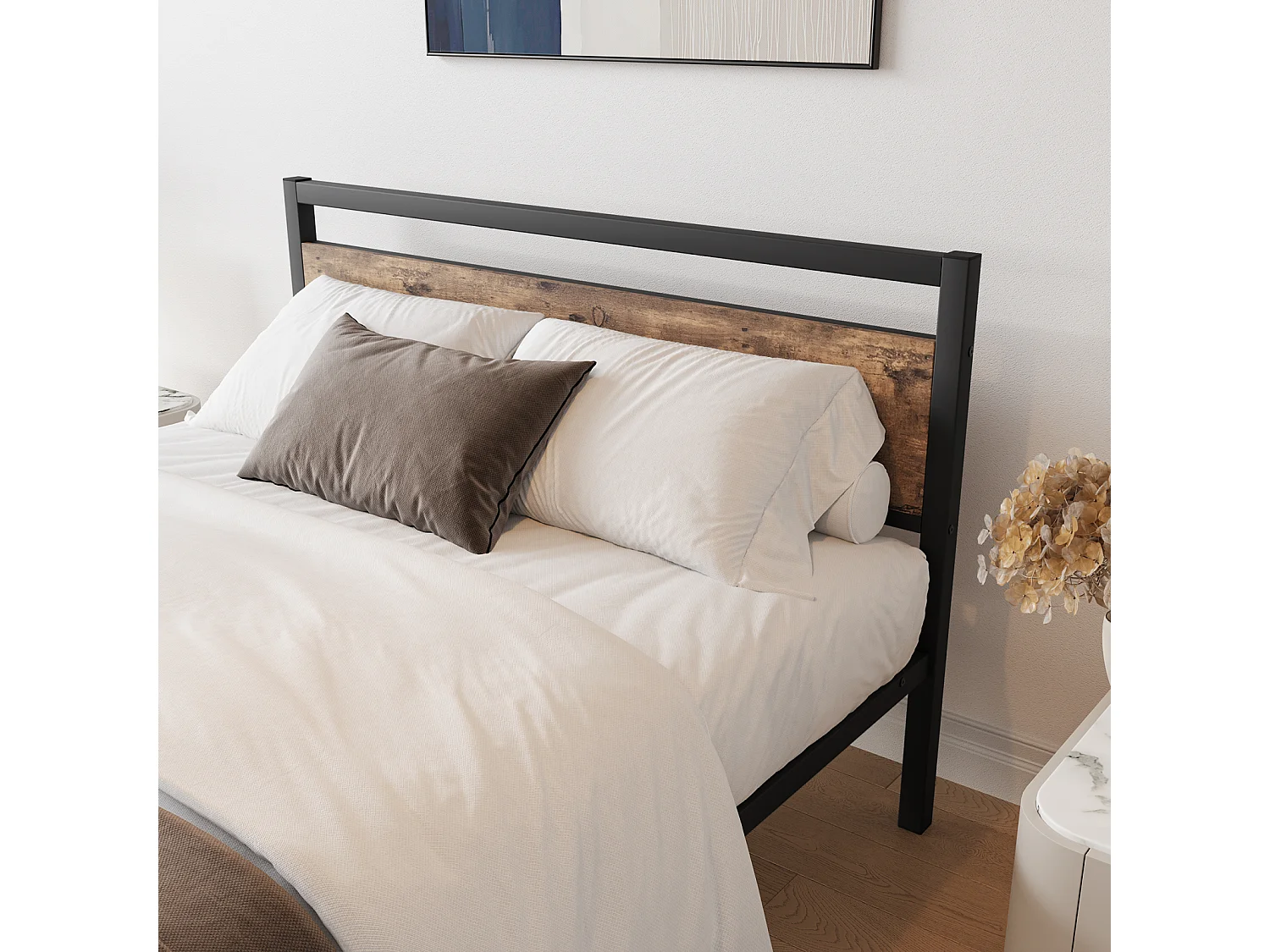 Cadre de lit Double en Acier avec sommier et tête de lit Compatible Matelas 200 x 120 cm Aspect Bois foncé