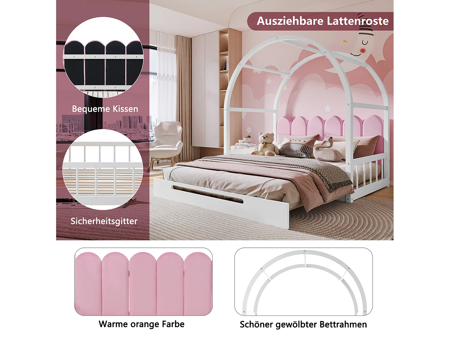 Ausziehbares Hochbett mit gewölbtem Dach, Samtkissen, Kiefernholzrahmen, Weiß+Rosa 140 x 100 cm/140 x 200 cm