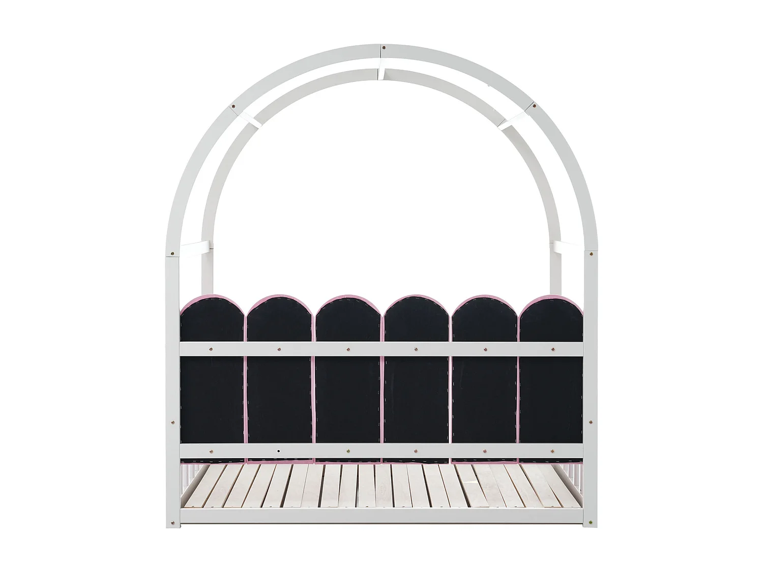 Ausziehbares Hochbett mit gewölbtem Dach, Samtkissen, Kiefernholzrahmen, Weiß+Rosa 140 x 100 cm/140 x 200 cm