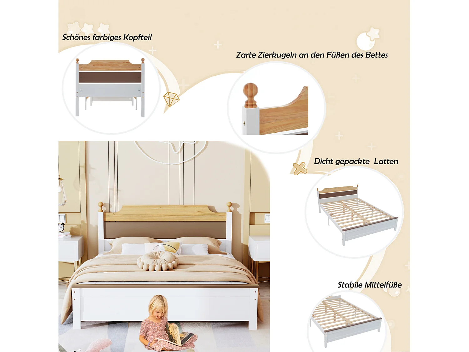 Holzbett für Erwachsene – Kiefernrahmen mit farblich abgesetztem Kopfteil und Lattenrost – weißes MDF-Bett 140 x 200 cm