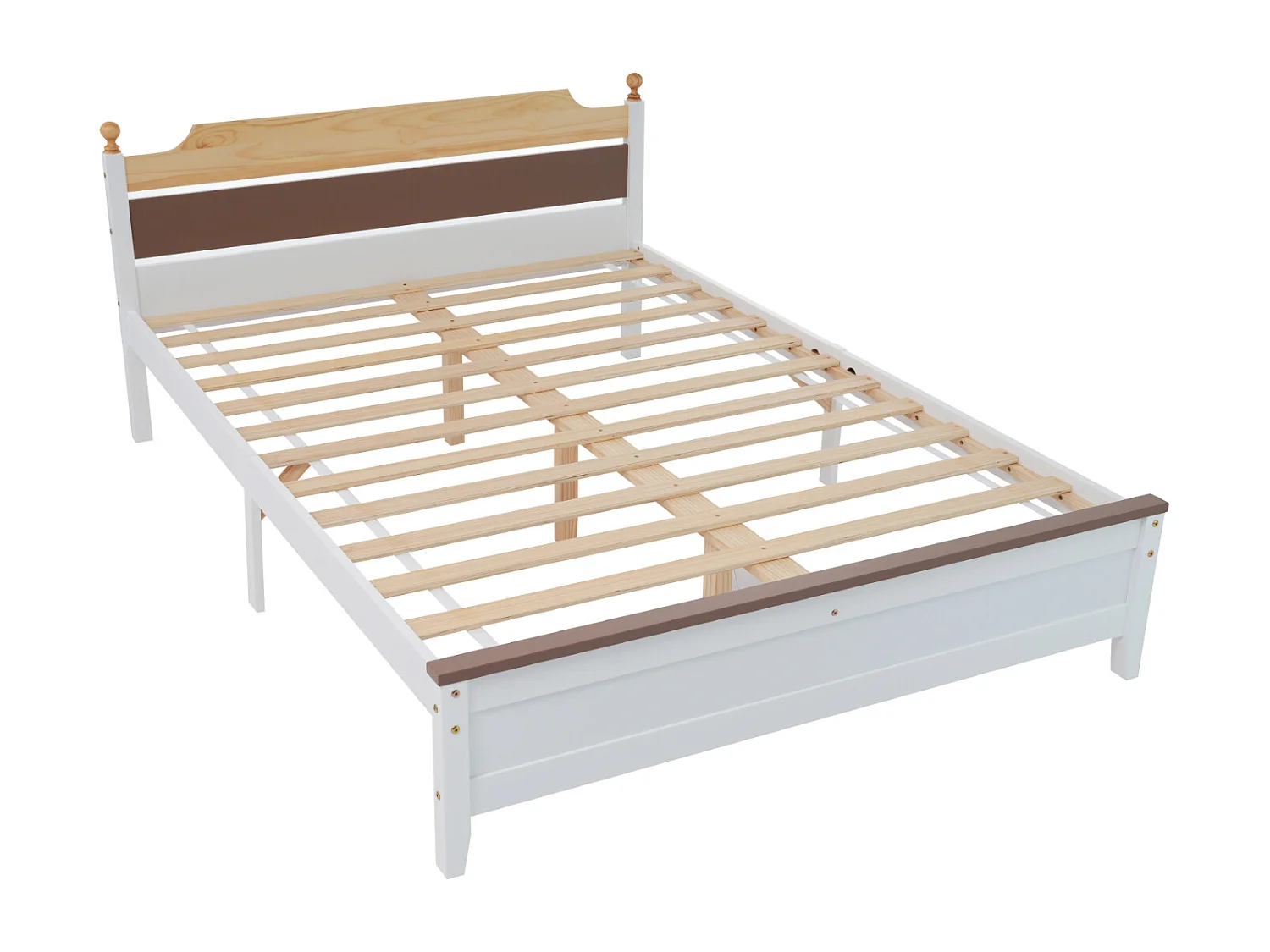 Holzbett für Erwachsene – Kiefernrahmen mit farblich abgesetztem Kopfteil und Lattenrost – weißes MDF-Bett 140 x 200 cm