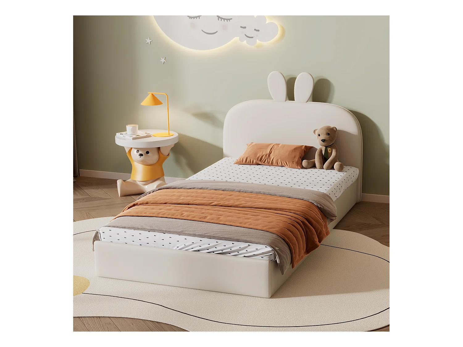Lit simple d'enfant 90x200cm, lit rembourré en velours, lit plat avec sommier à lattes et tête de lit avec oreille de lapin, beige