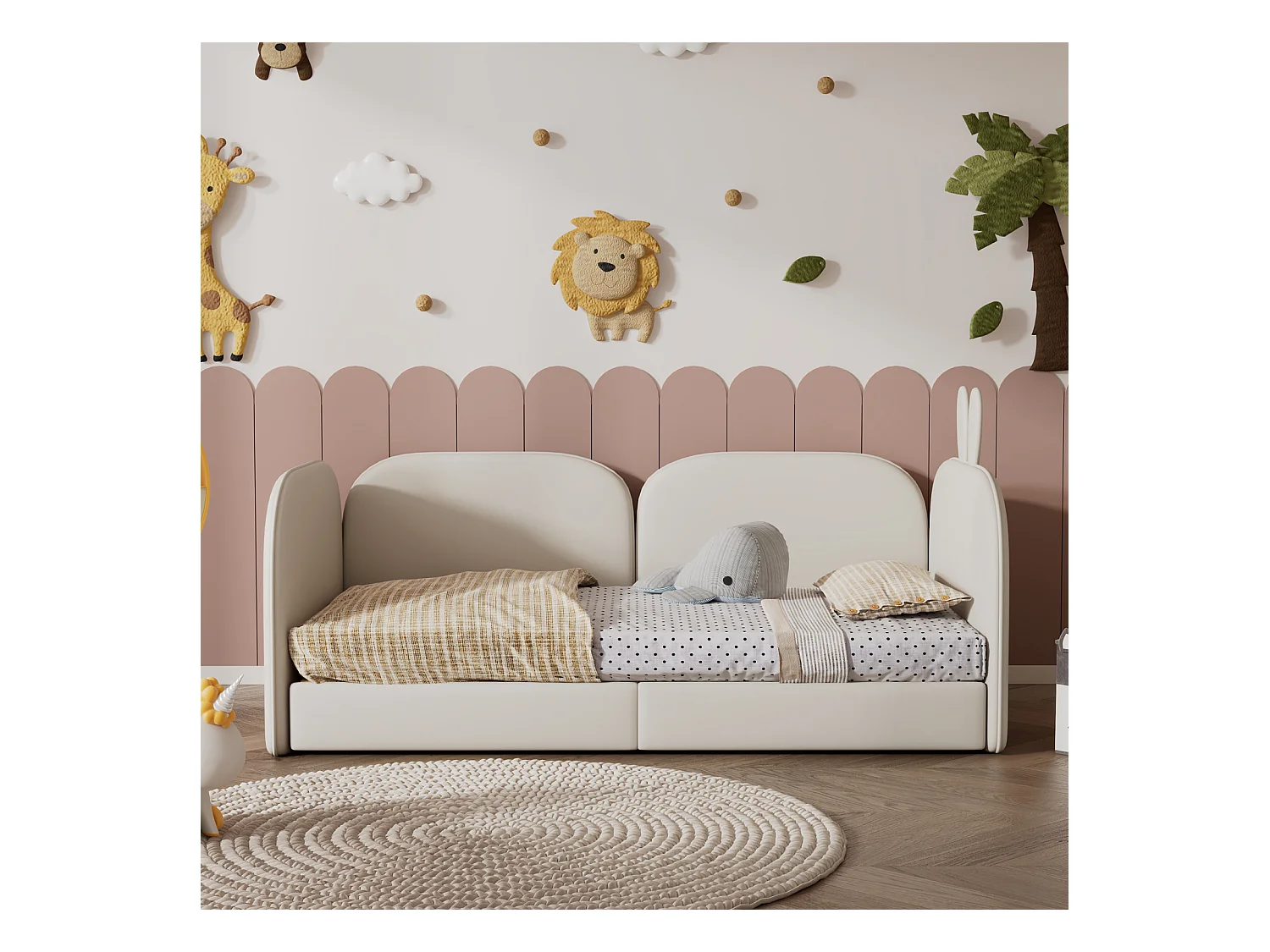 Lit simple d'enfant 90x200cm, lit en velours, lit plat 3 côtés inclus, poche latérale, avec sommier à lattes et tête de lit avec oreille de lapin, beige