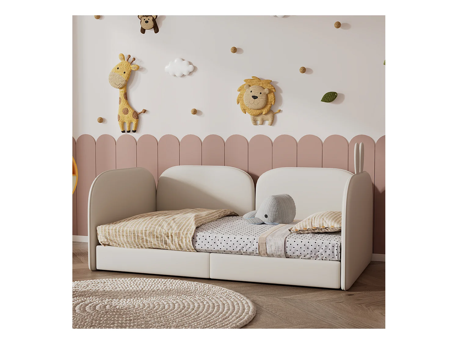 Lit simple d'enfant 90x200cm, lit en velours, lit plat 3 côtés inclus, poche latérale, avec sommier à lattes et tête de lit avec oreille de lapin, beige