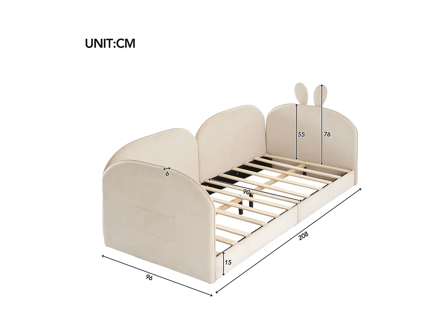 Lit simple d'enfant 90x200cm, lit en velours, lit plat 3 côtés inclus, poche latérale, avec sommier à lattes et tête de lit avec oreille de lapin, beige