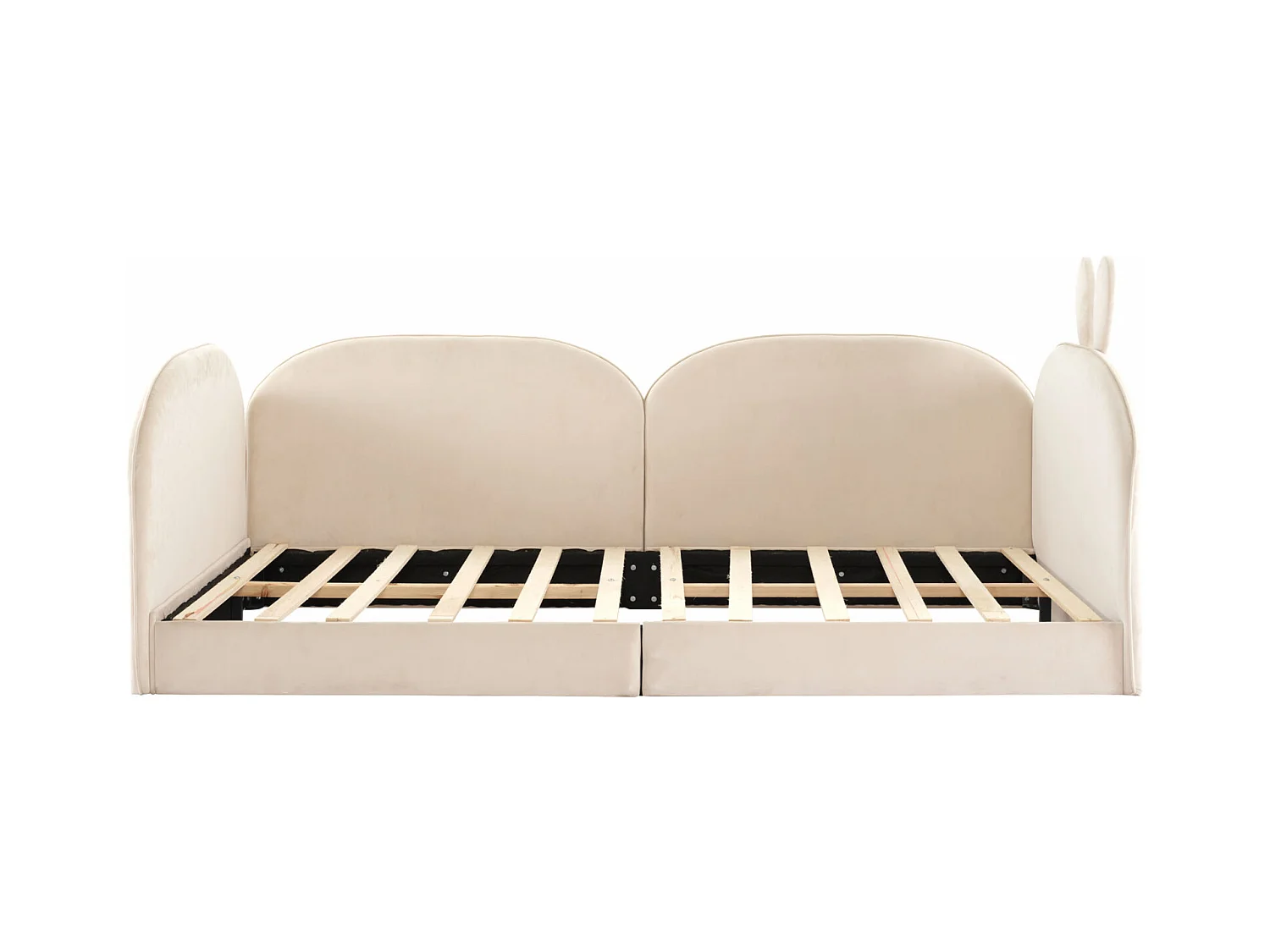 Lit simple d'enfant 90x200cm, lit en velours, lit plat 3 côtés inclus, poche latérale, avec sommier à lattes et tête de lit avec oreille de lapin, beige