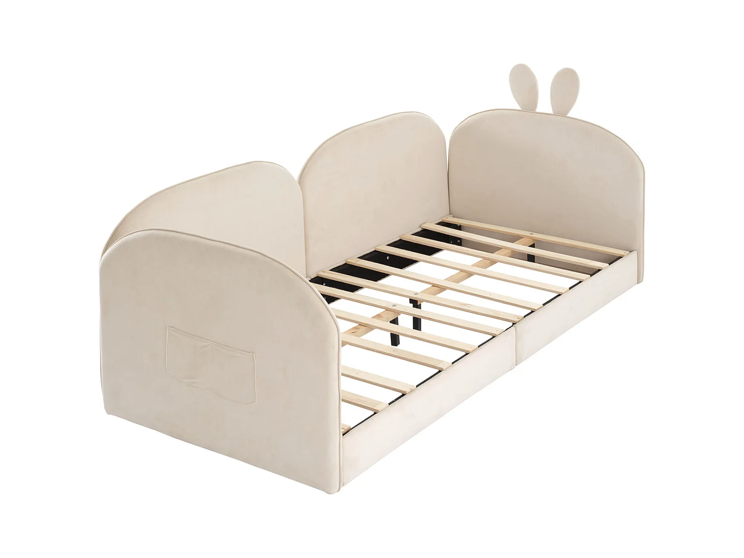 Lit simple d'enfant 90x200cm, lit en velours, lit plat 3 côtés inclus, poche latérale, avec sommier à lattes et tête de lit avec oreille de lapin, beige