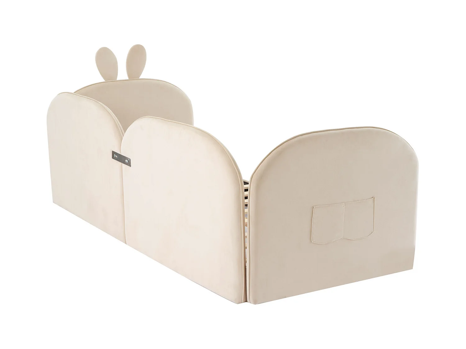Lit simple d'enfant 90x200cm, lit en velours, lit plat 3 côtés inclus, poche latérale, avec sommier à lattes et tête de lit avec oreille de lapin, beige