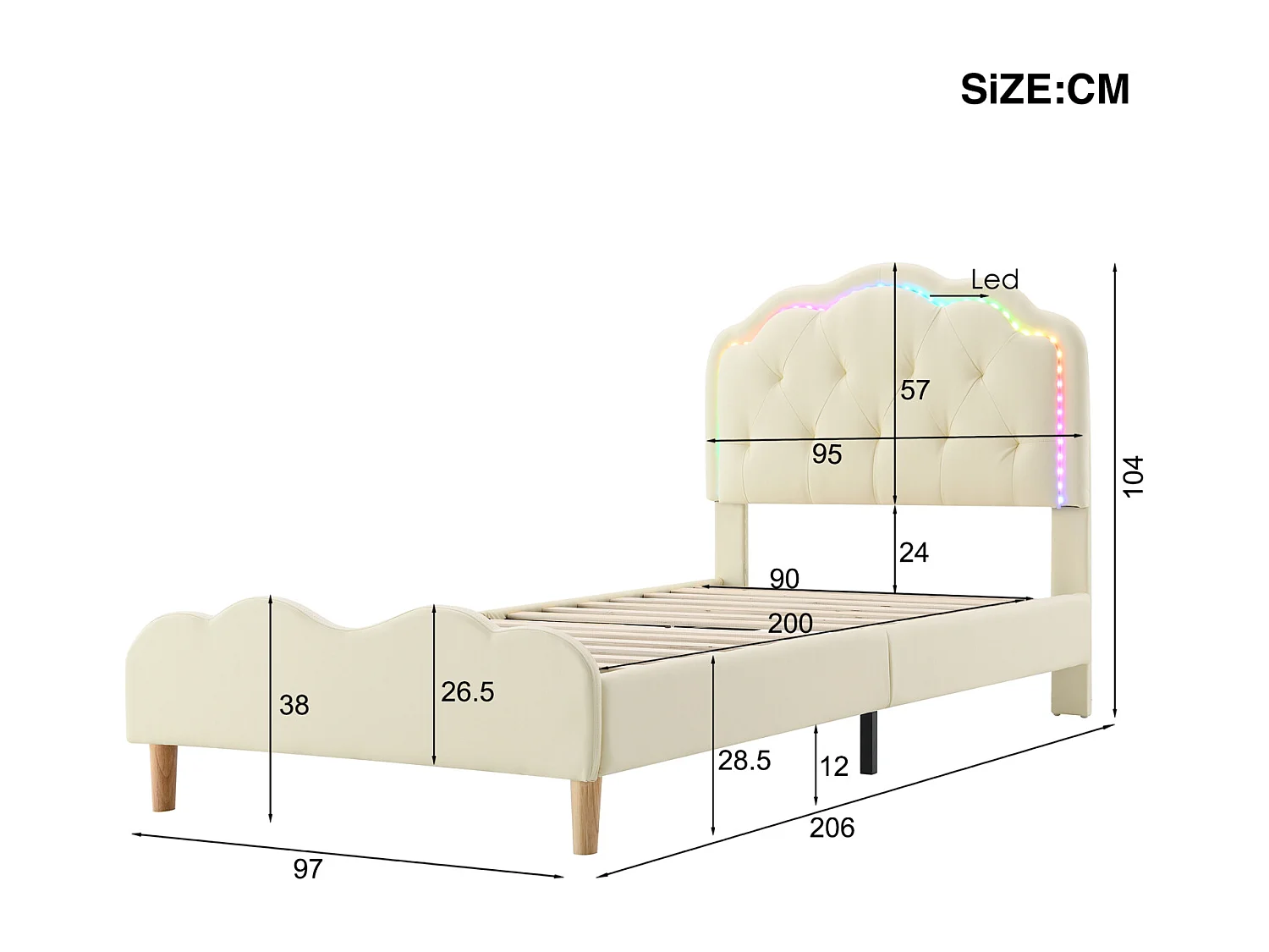 Cama individual 90x200cm, cama estofada em PU com faixas LED em várias cores, estrado de ripas e cabeceira em forma de onda, branco