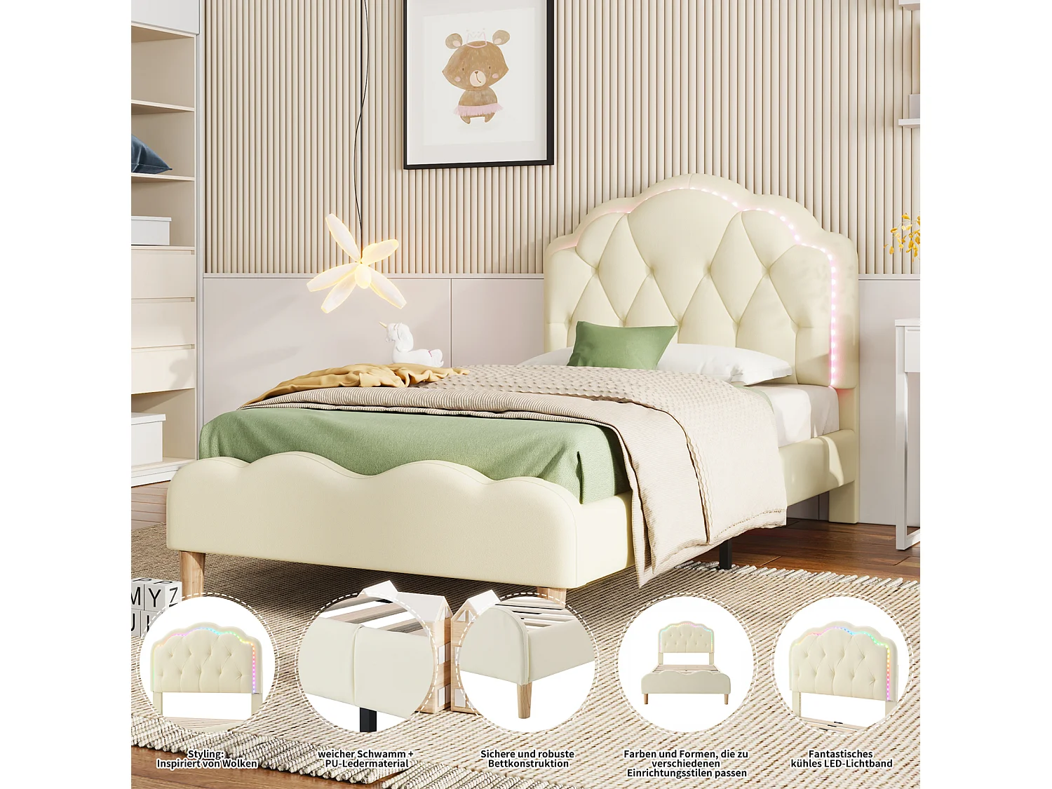 Cama individual 90x200cm, cama estofada em PU com faixas LED em várias cores, estrado de ripas e cabeceira em forma de onda, branco