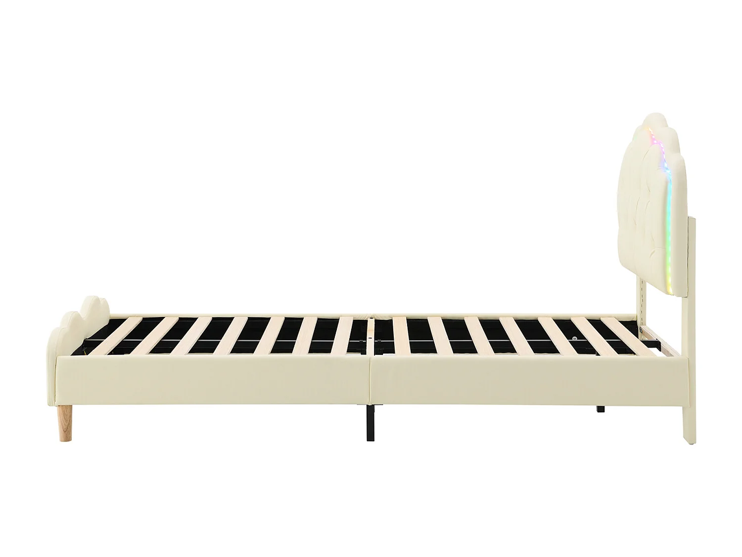 Cama individual 90x200cm, cama estofada em PU com faixas LED em várias cores, estrado de ripas e cabeceira em forma de onda, branco