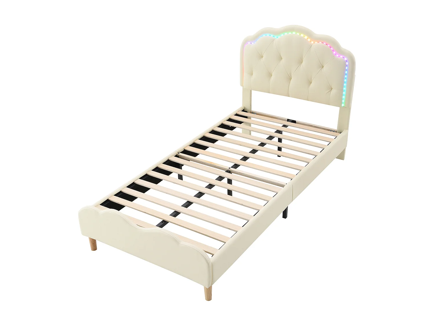 Cama individual 90x200cm, cama estofada em PU com faixas LED em várias cores, estrado de ripas e cabeceira em forma de onda, branco