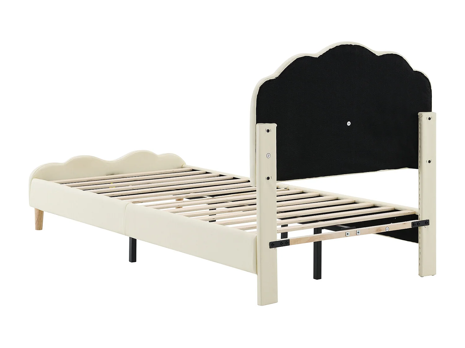 Cama individual 90x200cm, cama estofada em PU com faixas LED em várias cores, estrado de ripas e cabeceira em forma de onda, branco