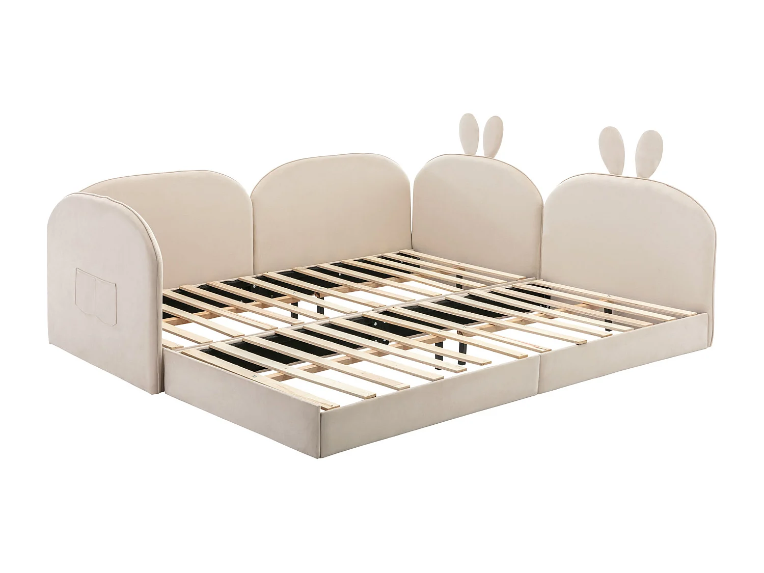 Gecapitonneerd uitschuifbed 90 x 200 cm x 2 konijnenhoofdborden. Inclusief 3 zijden. dagbed. Flueel. Beige