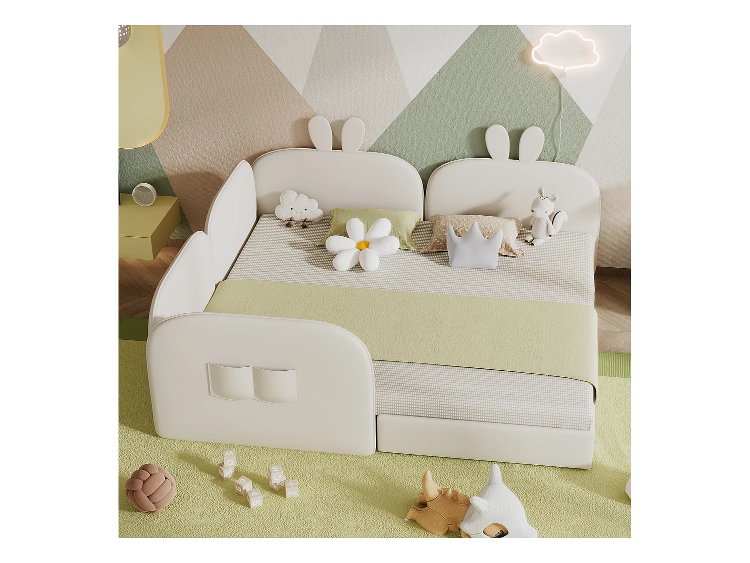 Lit gigogne Capitonné 90 x 200 cm x 2 tête de lit lapin. 3 côtés inclus. lit de repos. Velours. Beige