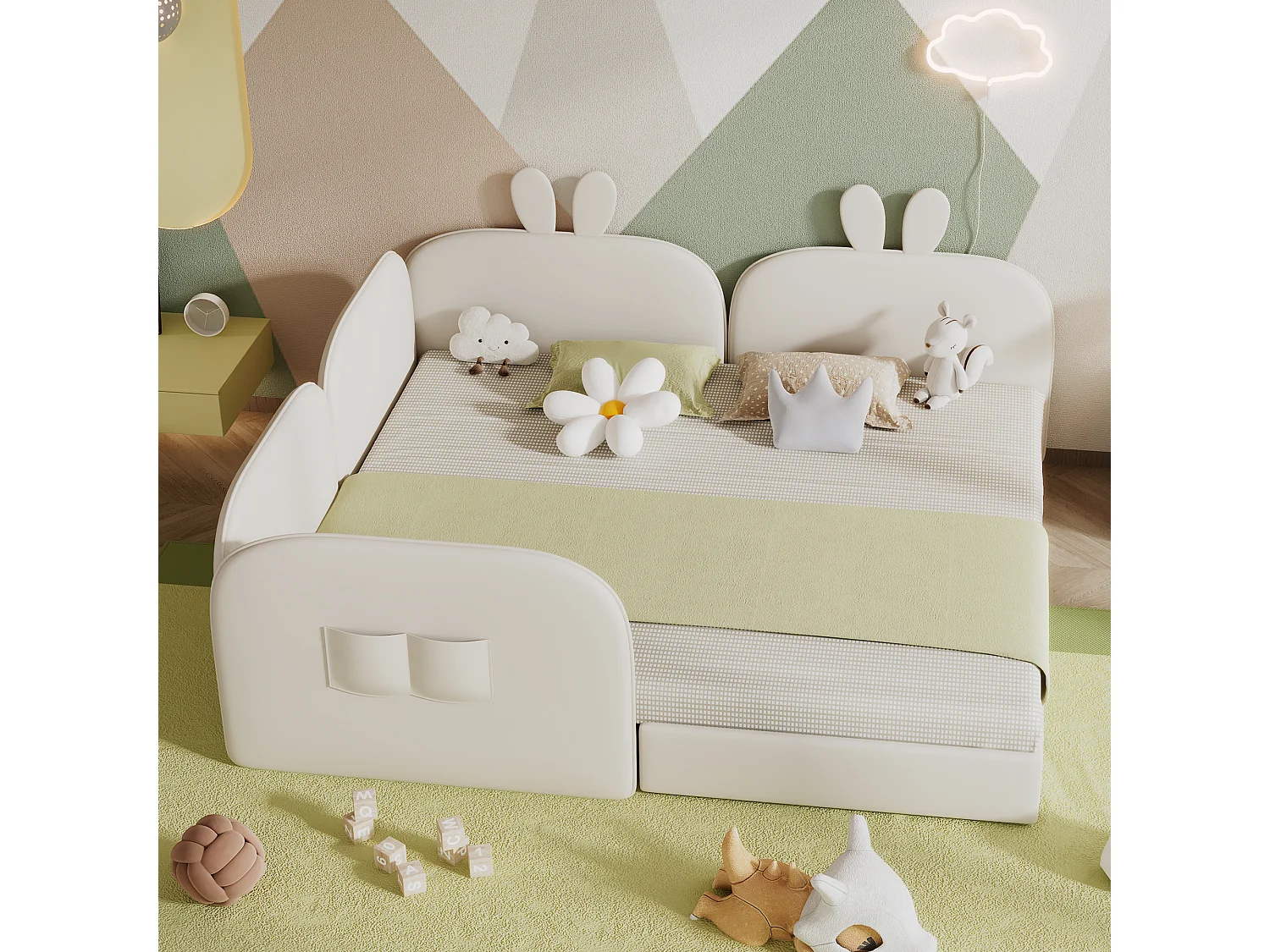 Lit gigogne Capitonné 90 x 200 cm x 2 tête de lit lapin. 3 côtés inclus. lit de repos. Velours. Beige