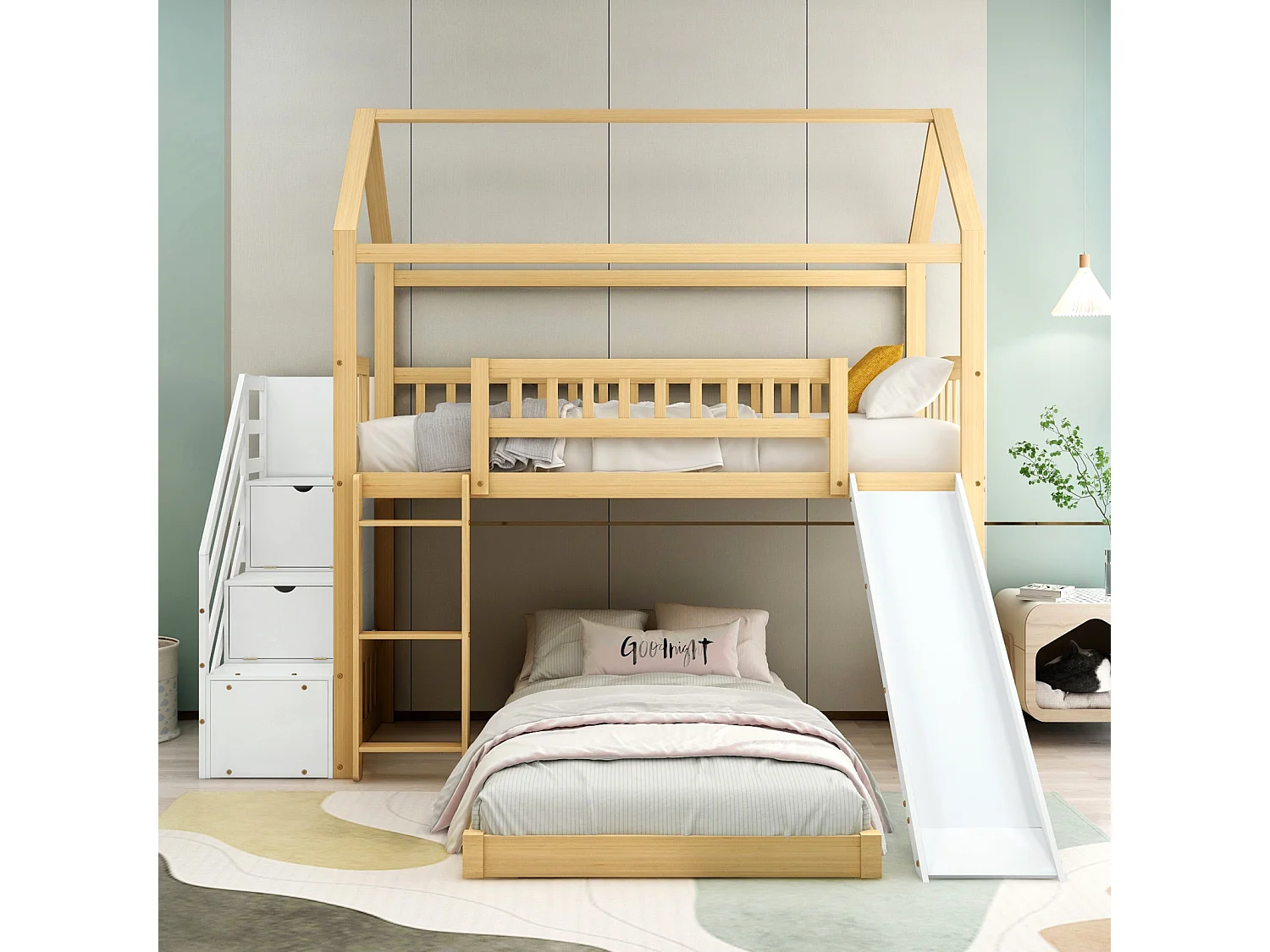 Litera 2x90x200cm, cama alta para niños con tobogán, con 3 escaleras de almacenamiento, estructura de madera, natural+blanco
