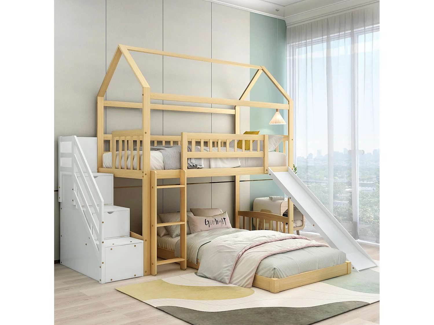 Litera 2x90x200cm, cama alta para niños con tobogán, con 3 escaleras de almacenamiento, estructura de madera, natural+blanco