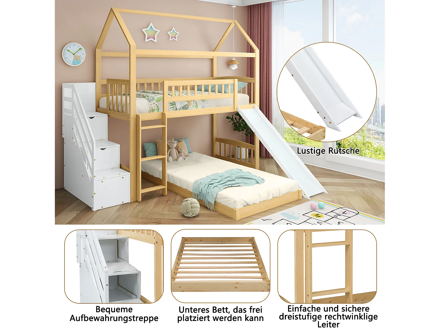 Litera 2x90x200cm, cama alta para niños con tobogán, con 3 escaleras de almacenamiento, estructura de madera, natural+blanco