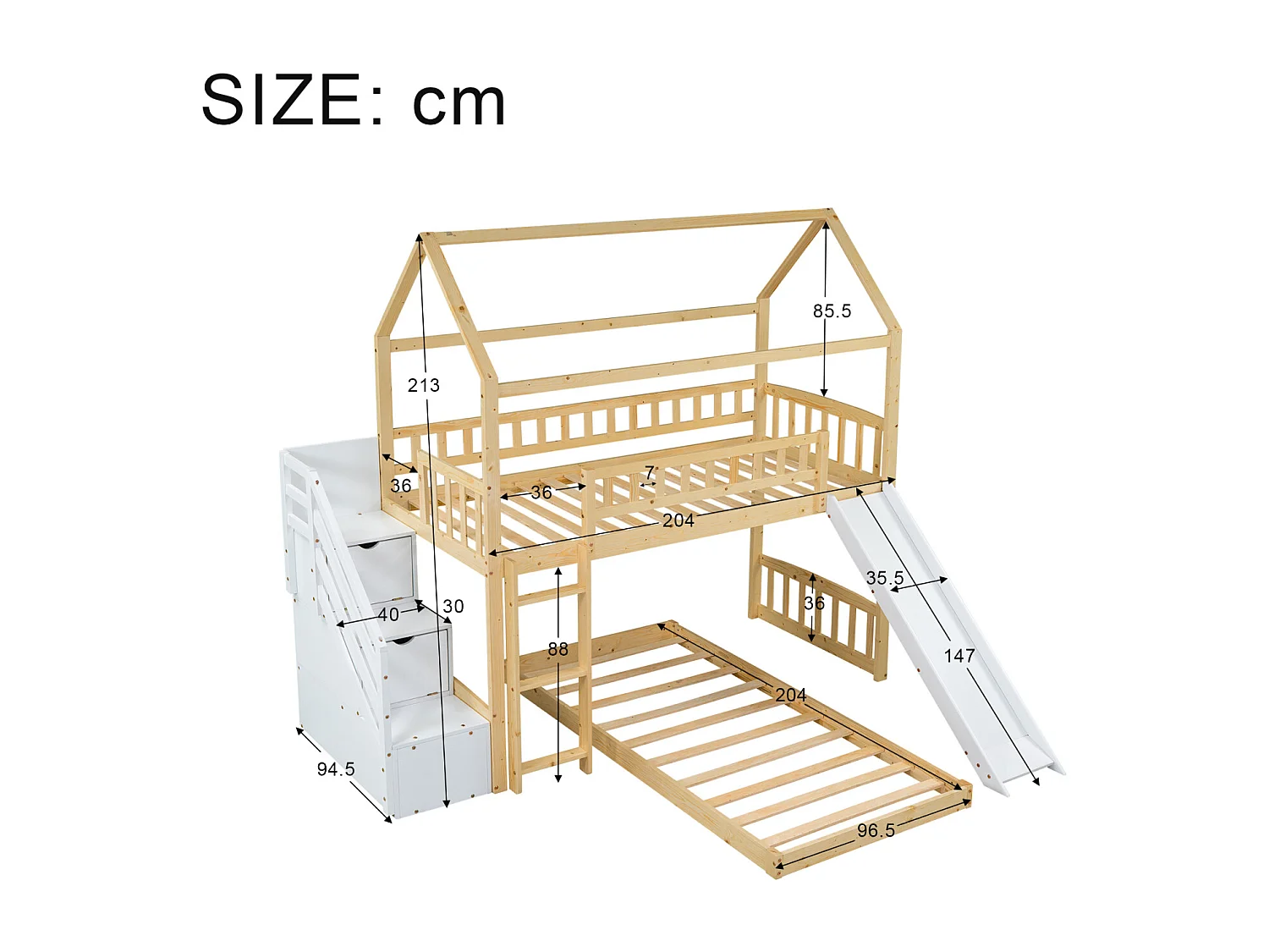 Litera 2x90x200cm, cama alta para niños con tobogán, con 3 escaleras de almacenamiento, estructura de madera, natural+blanco