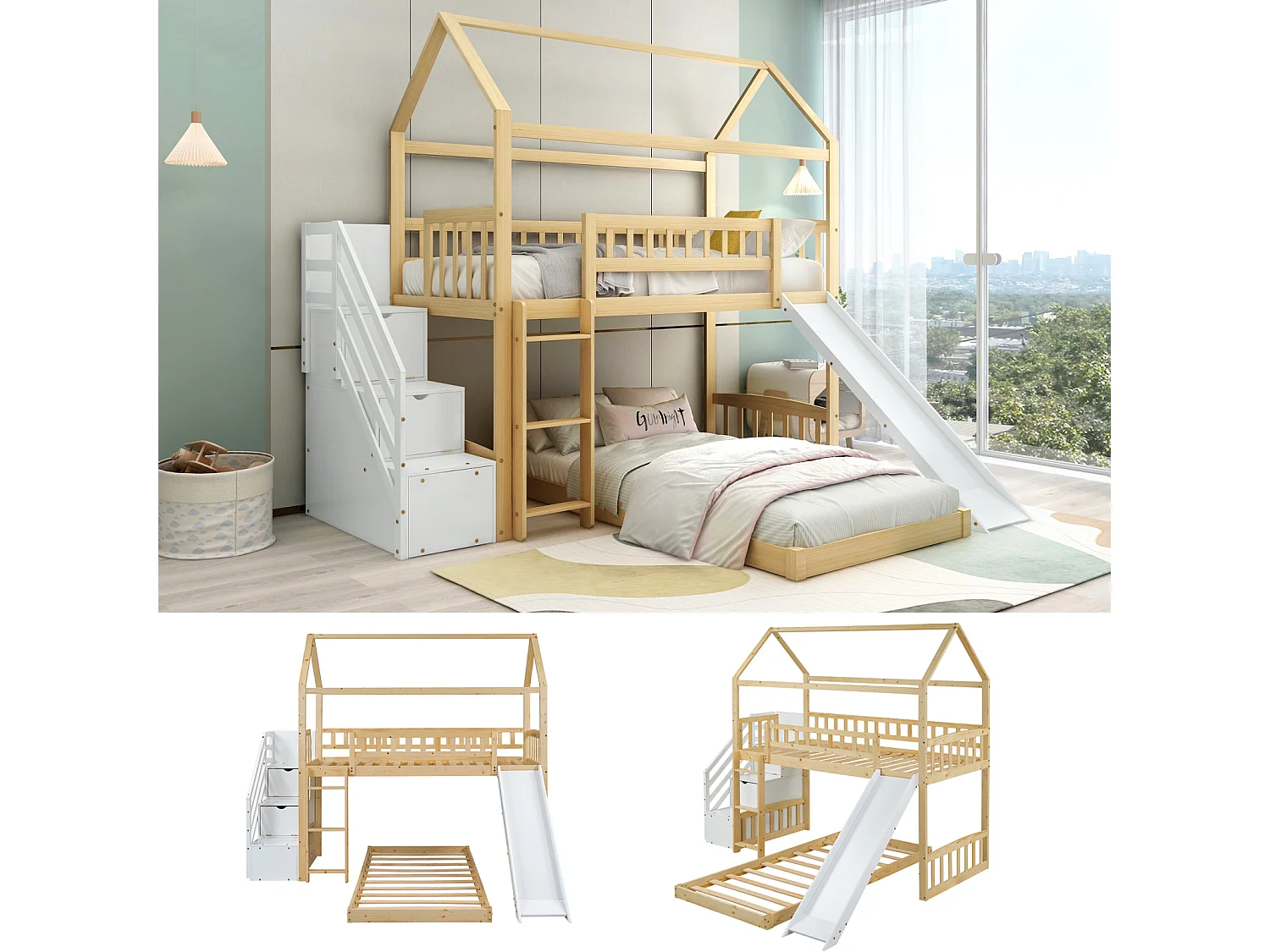 Litera 2x90x200cm, cama alta para niños con tobogán, con 3 escaleras de almacenamiento, estructura de madera, natural+blanco