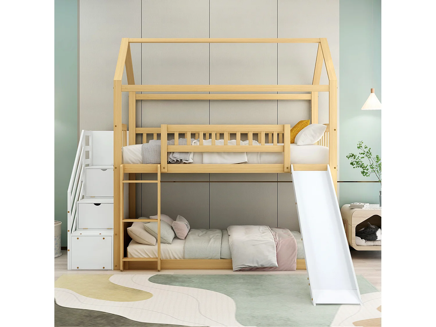 Litera 2x90x200cm, cama alta para niños con tobogán, con 3 escaleras de almacenamiento, estructura de madera, natural+blanco