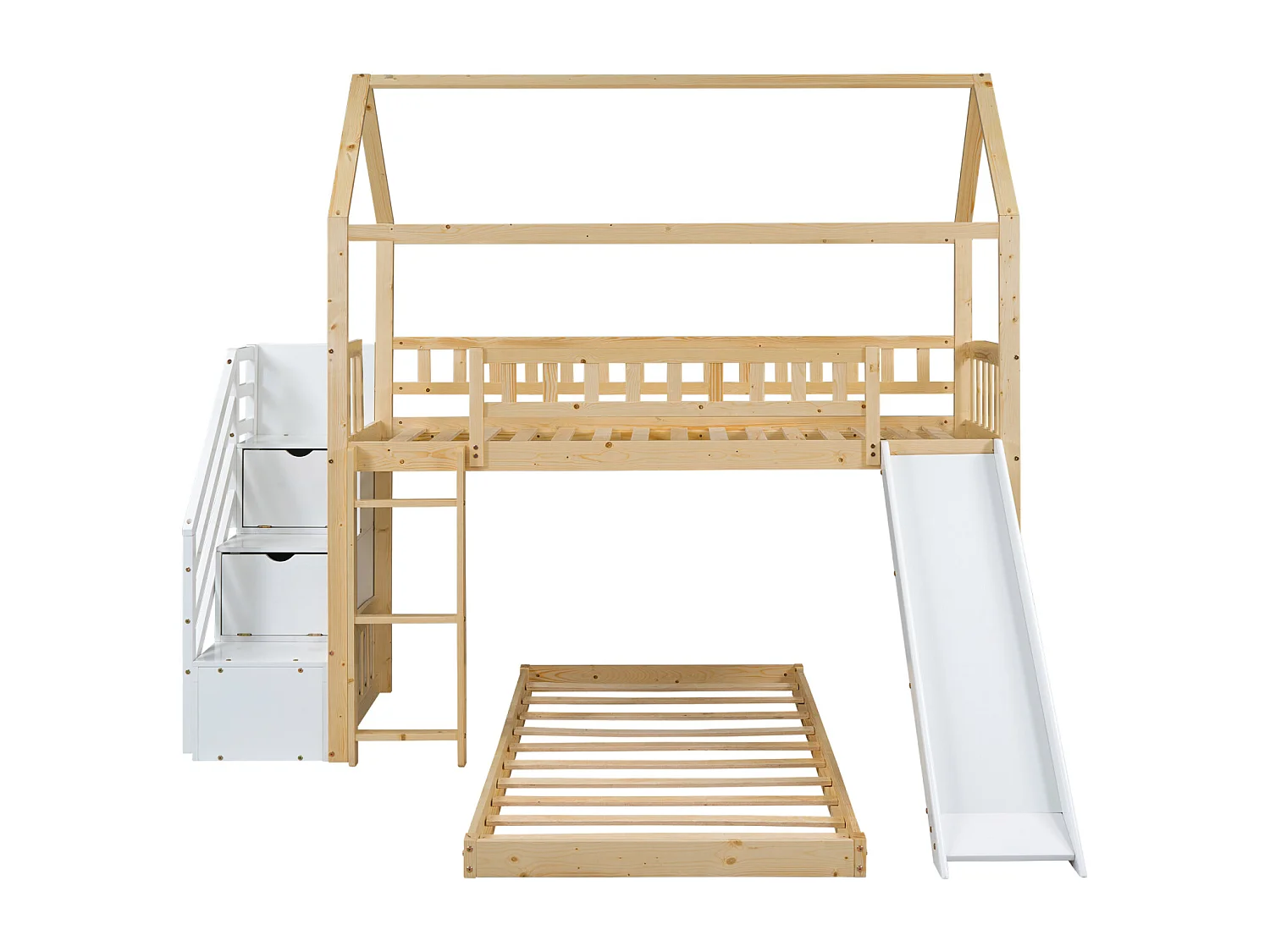 Litera 2x90x200cm, cama alta para niños con tobogán, con 3 escaleras de almacenamiento, estructura de madera, natural+blanco