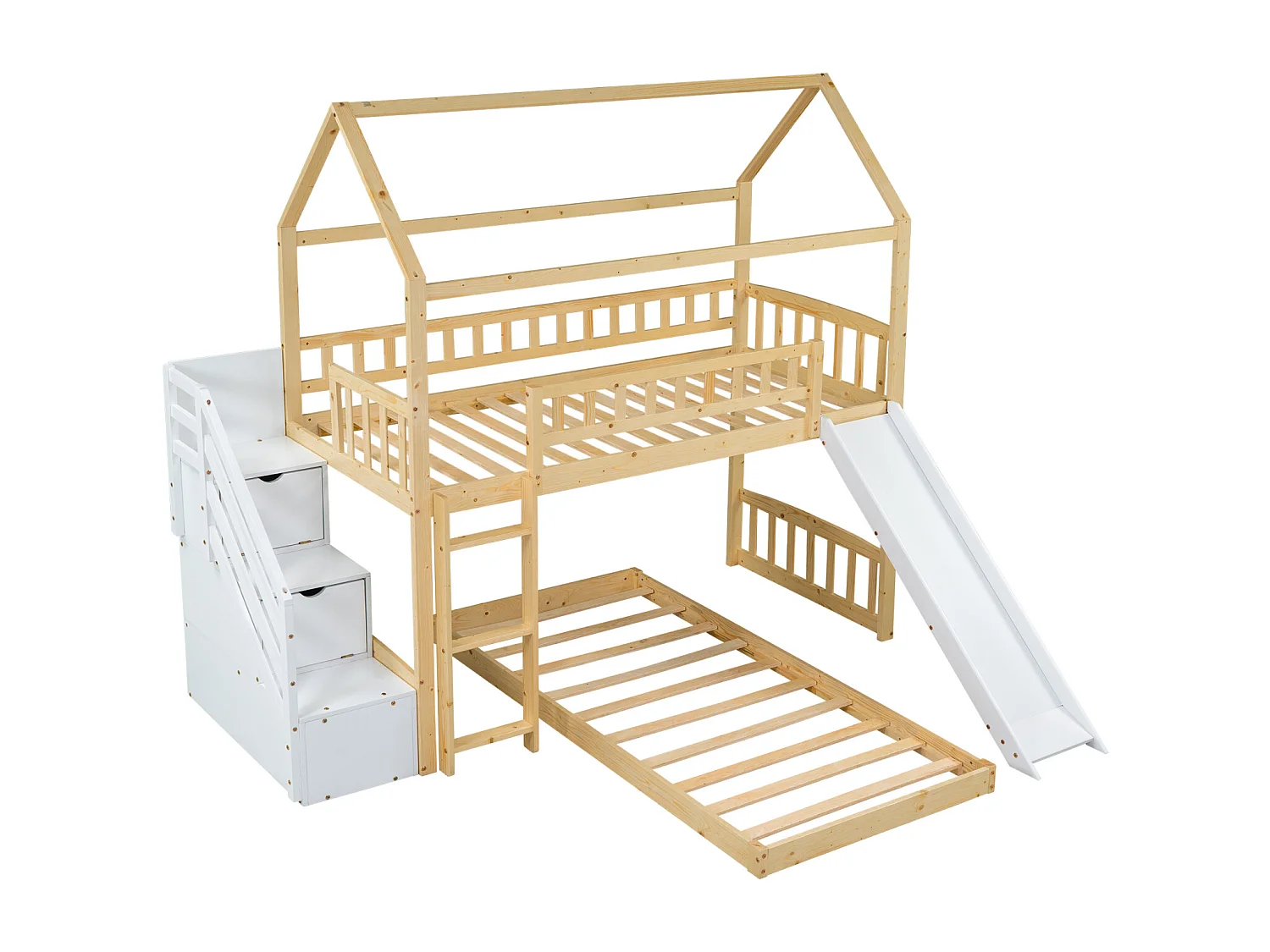 Litera 2x90x200cm, cama alta para niños con tobogán, con 3 escaleras de almacenamiento, estructura de madera, natural+blanco