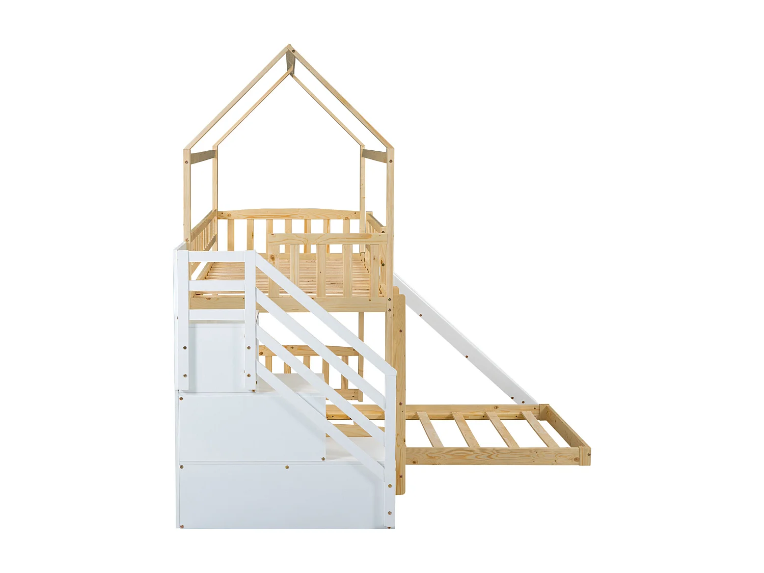 Litera 2x90x200cm, cama alta para niños con tobogán, con 3 escaleras de almacenamiento, estructura de madera, natural+blanco