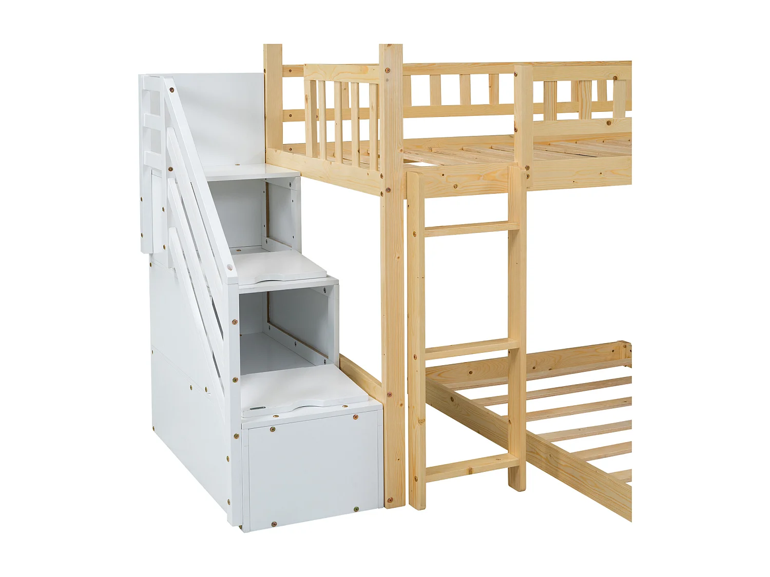 Litera 2x90x200cm, cama alta para niños con tobogán, con 3 escaleras de almacenamiento, estructura de madera, natural+blanco
