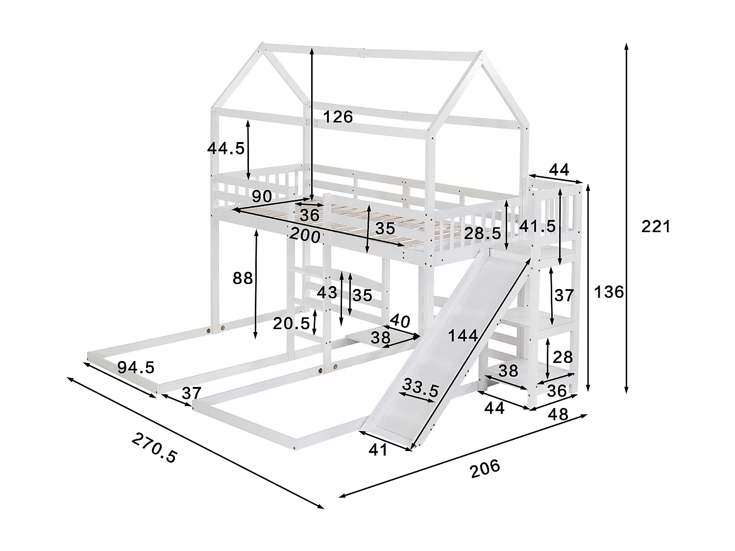 Litera infantil 90x200 cm 3 plazas con tobogán, escalera y estantes abiertos - blanco