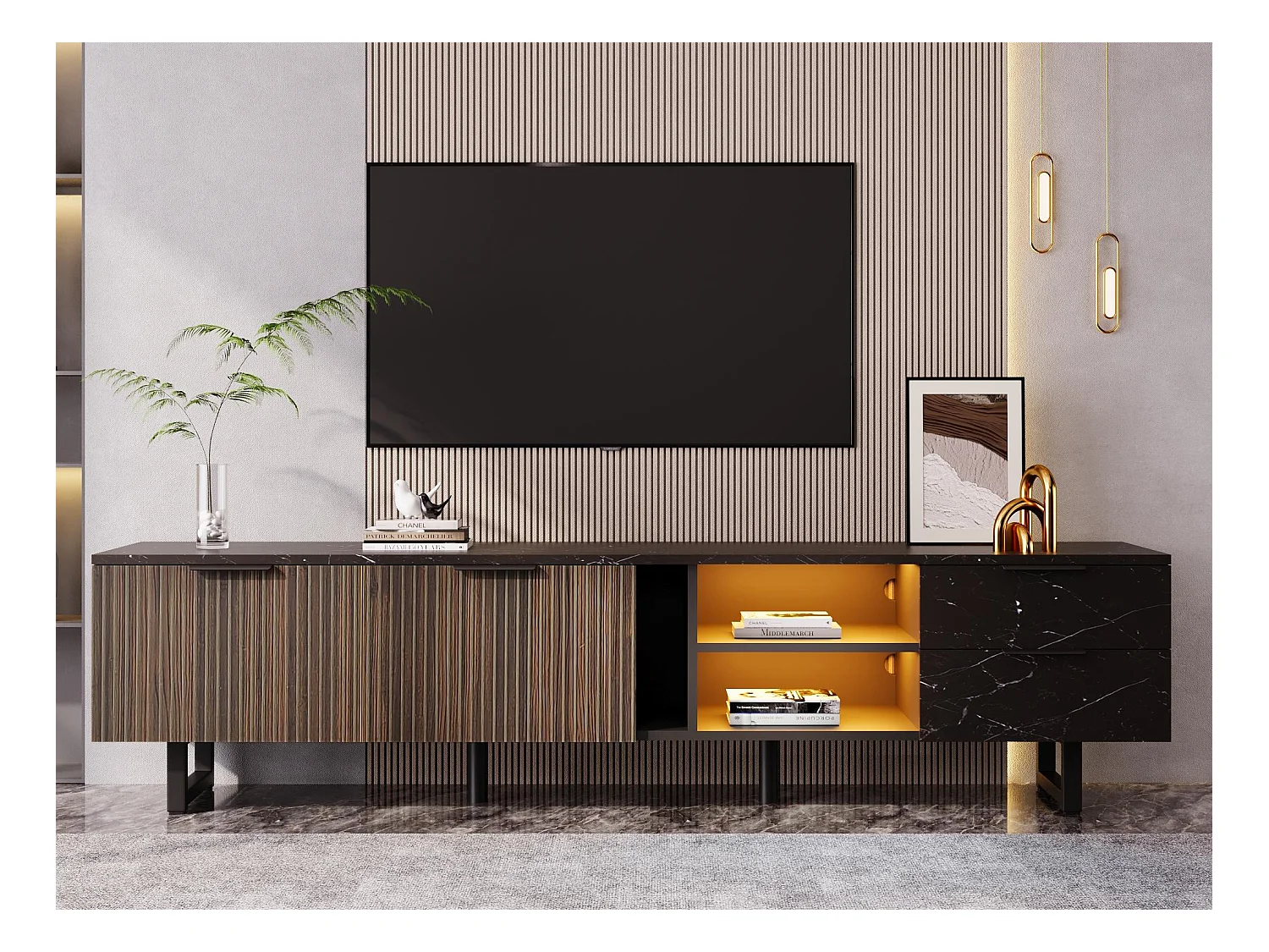 Meuble TV L 200cm avec LED - 2 portes & 2 tiroirs - Marron
