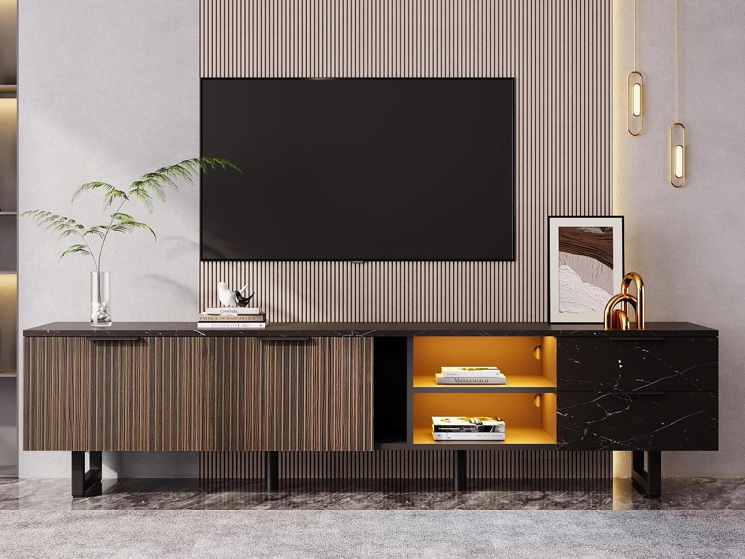 Meuble TV L 200cm avec LED - 2 portes & 2 tiroirs - Marron